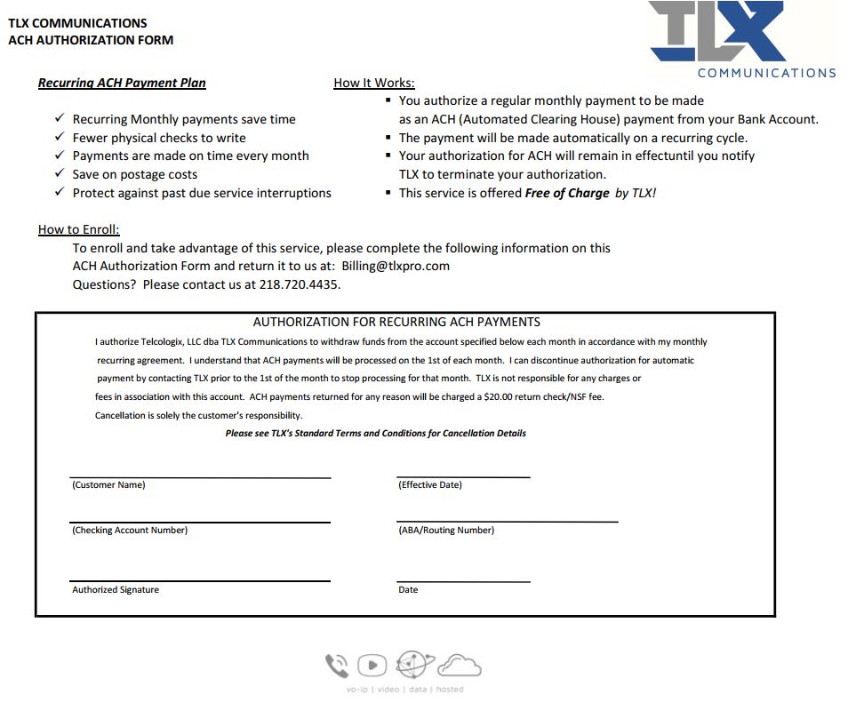 ACH Authorization Form TLX Communications